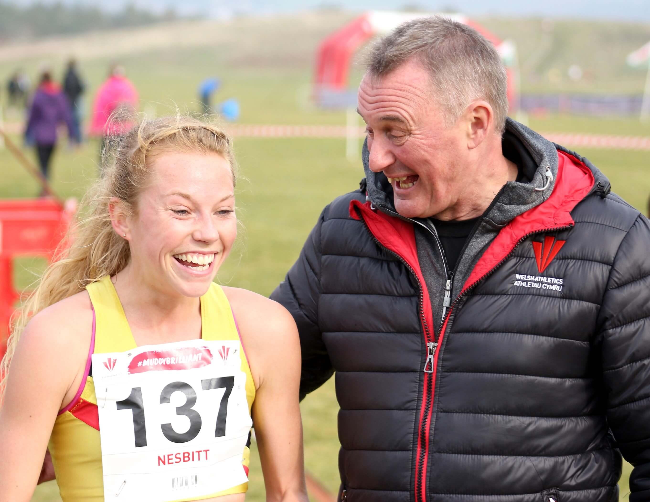 Welsh National coach Chris Jones congratulates Jenny Nesbitt on her Welsh Cross Country Championships success..jpg
