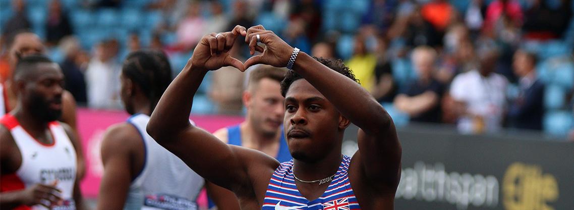 Jeremiah Azu celebrates breaking the Welsh record at the UK Athletics Championships.jpg