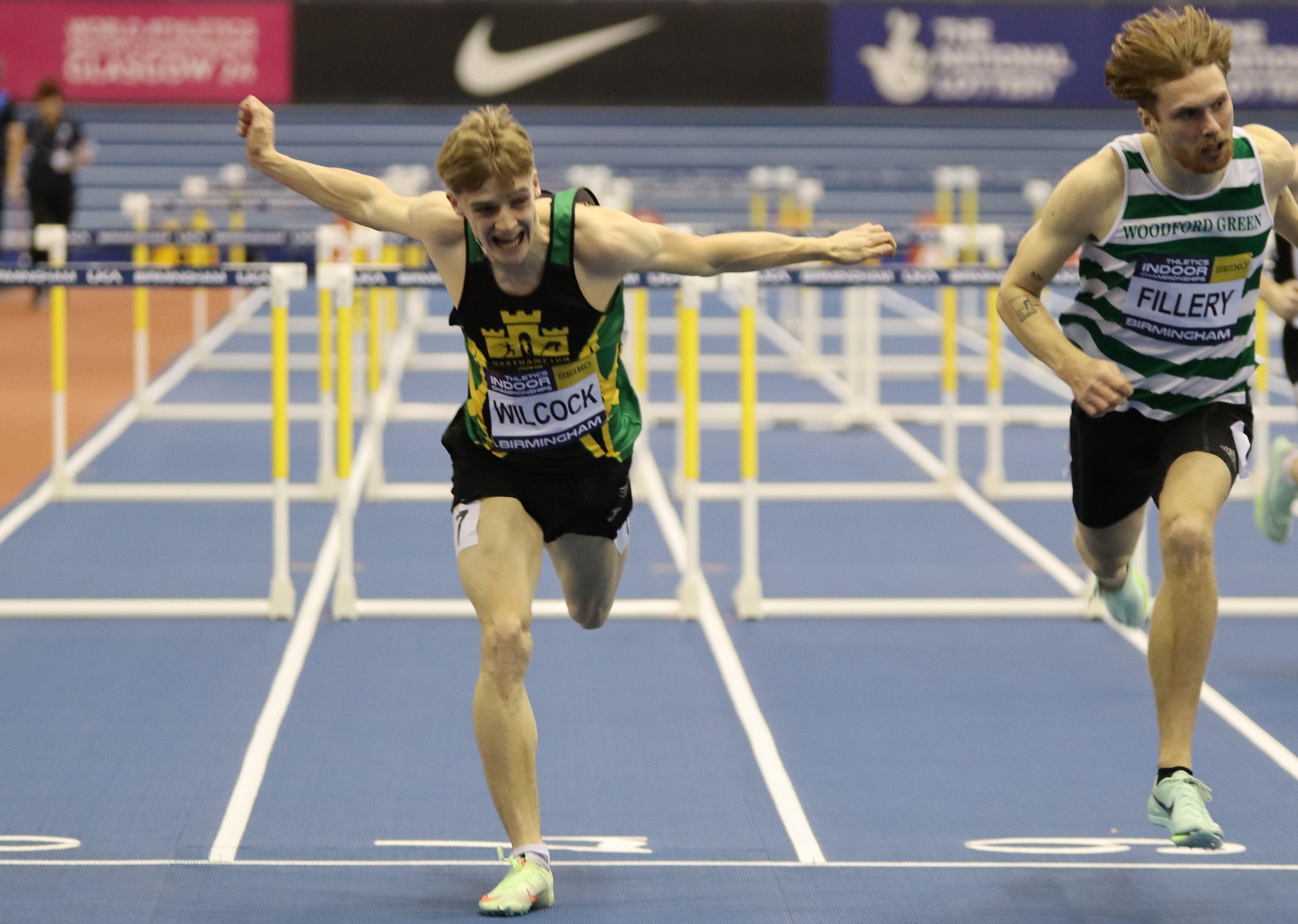 Tom Wilcock competing in the 60m hurdles at the 2023 UK Athletics Indoor Championships.