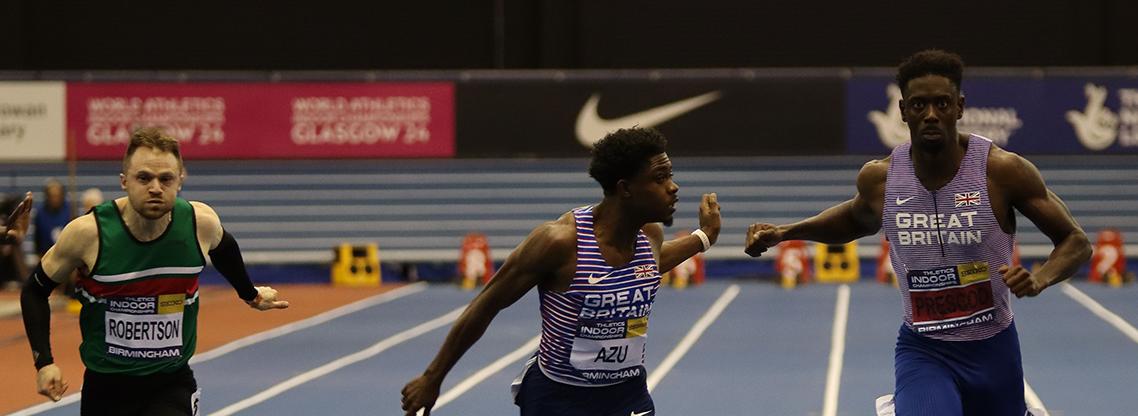 Jeremiah Azu competing at the 2023 UK Athletics Indoor Championships.