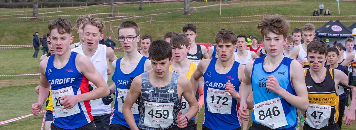 Junior boys athletes competing at the 2023 Welsh Cross Country Championships.